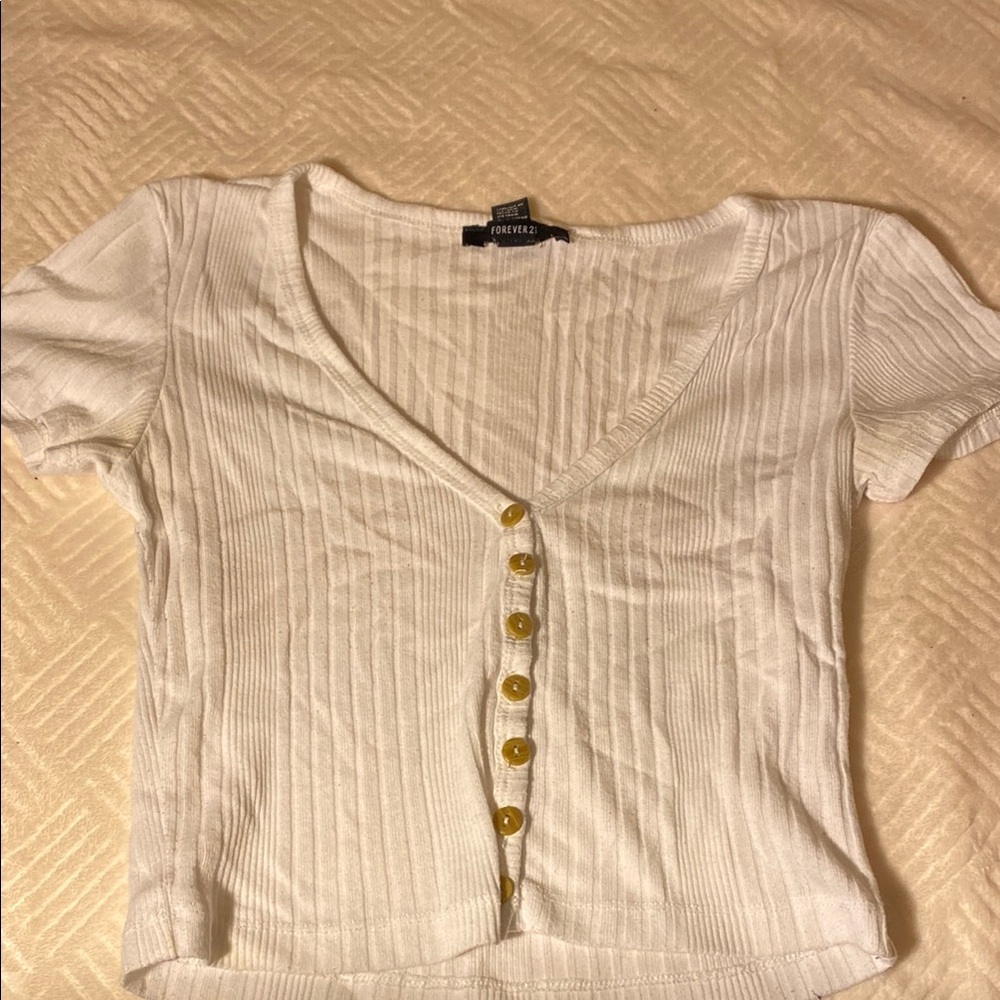 Forever 21 Cream Ribbed Crop Button Down Shirt